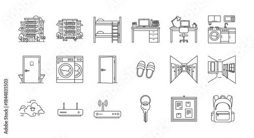 Essential dorm room essentials: furniture, appliances, and study spaces in linear style