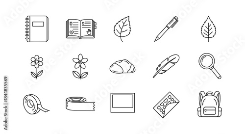 Black and white outline icons of office, nature, and travel items on white background