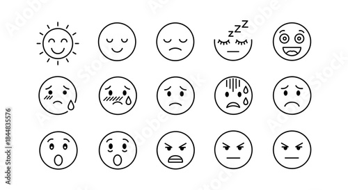 Set of simple linear emoji faces showing various emotions