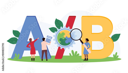 AB test, bucket testing, user experience research methodology. Tiny people compare versions of webpage, software or mobile app, examine AB text with magnifying glass cartoon vector illustration
