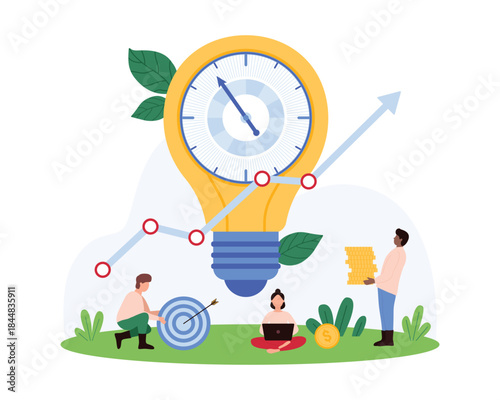 Creative idea for business development, potential startup success. Tiny people boost financial gain growth and increase sales, up arrow on graph report and light bulb cartoon vector illustration