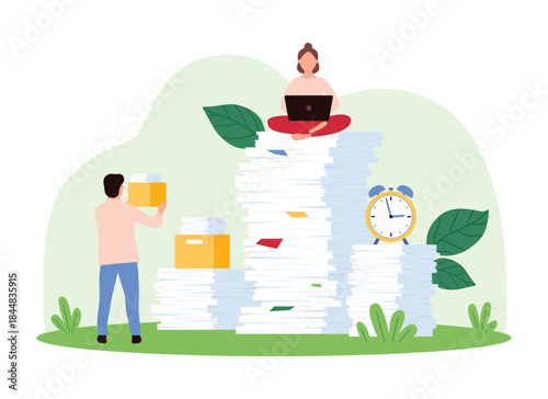 Unorganized office paperwork, many paper documents and archives storage, bureaucracy. Tiny busy people research big stacks of sheets, organize notes and business forms cartoon vector illustration