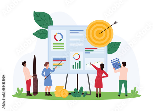 Business growth plan, effective financial strategy of company analysis on team meeting. Tiny people with pen and calculator work with infographic data reports on board cartoon vector illustration