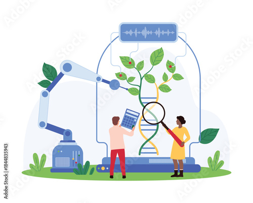 Scientists integrating robotics with DNA research. Robotic arms interact with a DNA helix, researchers use calculators and magnifying glasses vector illustration.