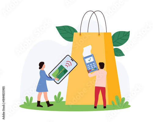People using mobile devices for contactless payment and online shopping. Large shopping bag in the background symbolizing e-commerce vector illustration.