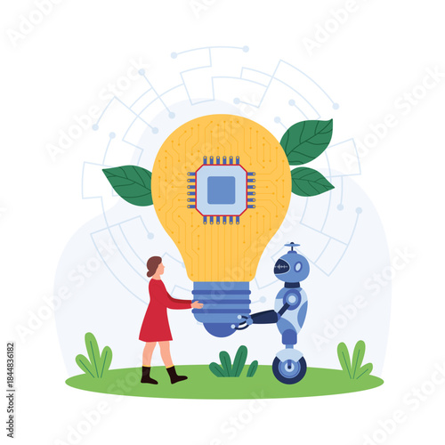 Human and robot working together to develop new ideas represented by a giant light bulb with a microchip. Symbolizes collaboration between technology and creativity vector illustration.