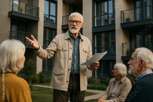 Senior man speaking to neighbors outside modern apartment building, holding documents while leading community meeting or homeowners association discussion.