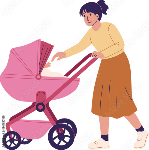 Mother Pushing Pink Baby Stroller Illustration