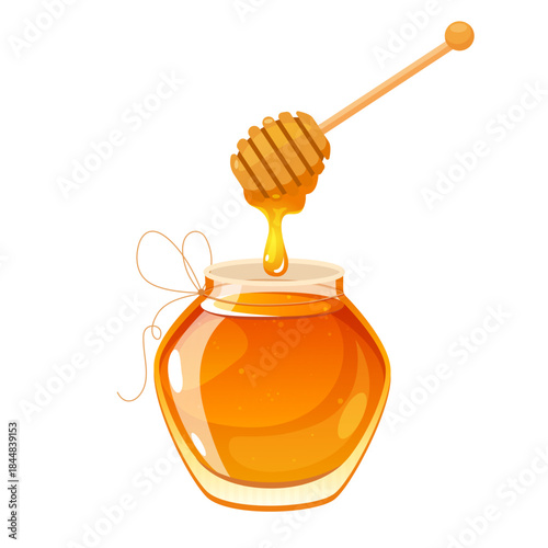 Vector Cartoon Illustration of a Honey Jar with Wooden Honey Dipper and Dripping Golden Honey Isolated on White Background – Organic Sweet Food, Beekeeping Product, Natural Ingredient, Wellness
