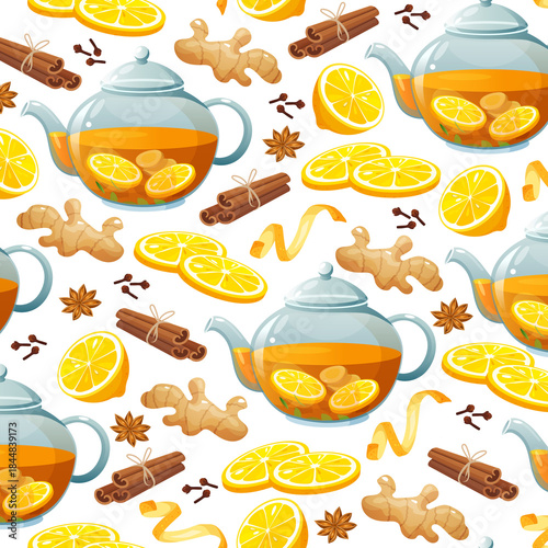Vector Seamless Pattern of Ginger Lemon Tea Ingredients with Glass Teapots, Lemons, Ginger Roots, Cinnamon Sticks, Star Anise and Cloves Isolated on White Background – Herbal Tea, Wellness and Organic