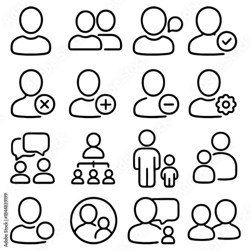 Person Icons: A comprehensive set of minimalistic person icons represents diverse user profiles, symbolizing human interactions, and digital connections.