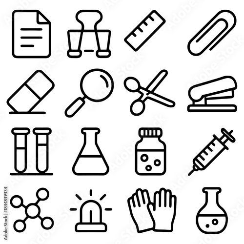 Stationery and Laboratory Supplies: A collection of various stationary and laboratory equipments presented in an orderly manner, depicting the tools of learning and discovery.