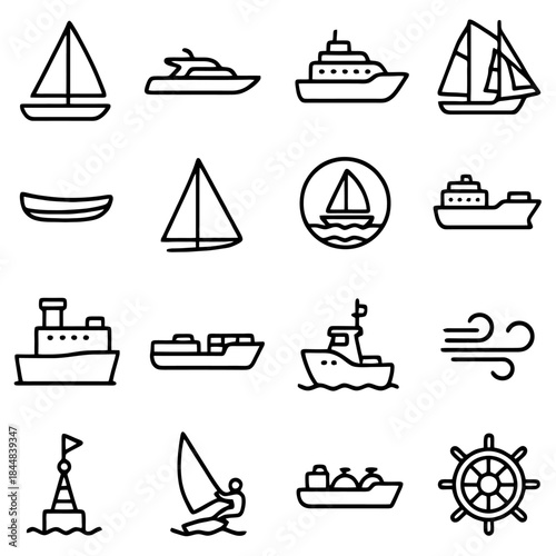 Vessel Icon Set: A comprehensive collection of vessel icons featuring various watercraft, each with unique characteristics. It is perfect for navigation, maritime and travel designs.