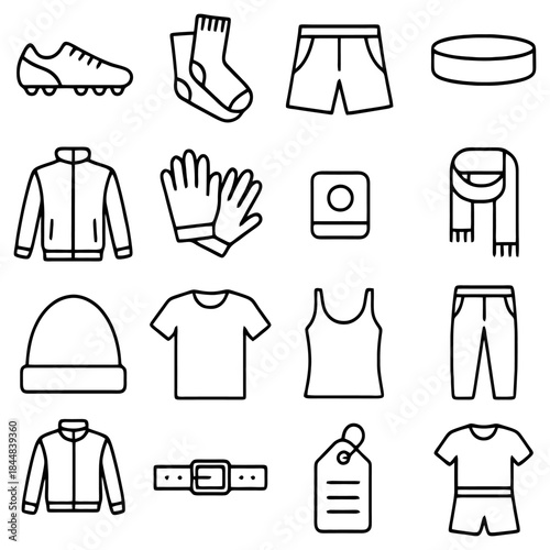 Sporting and Leisure Icons: A set of detailed line art icons, each representing a single sport item or apparel essential. A practical guide to sports, activities and the appropriate attire.