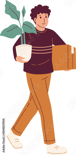 Man Carrying Plant and Moving Box Illustration