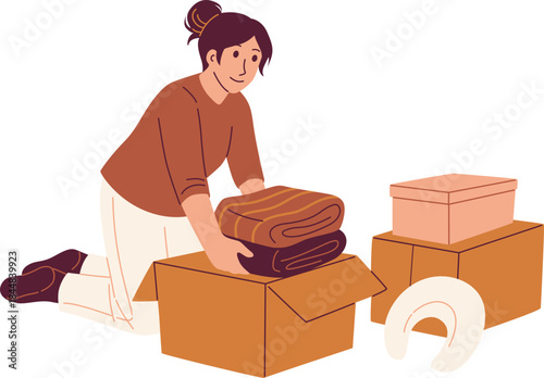 Person Packing Folded Blankets for Moving Illustration