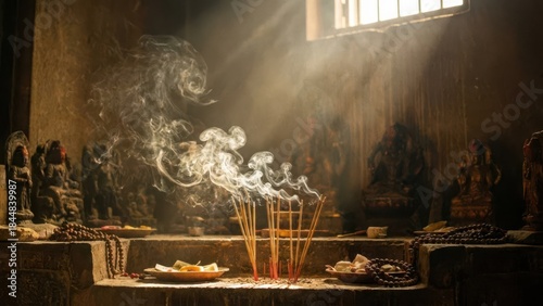 Burning incense sticks releasing ethereal smoke inside an ancient temple. Spiritual ritual for Lunar New Year and celebration. Traditional religious ceremony.