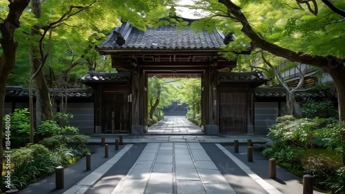 山門の向こうへまっすぐ伸びる、新緑に包まれた静かな参道の景色