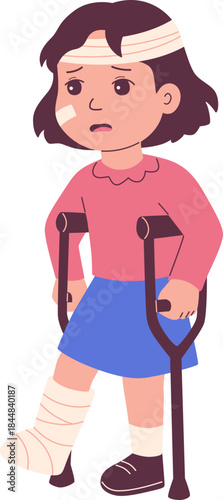 Sad Child with Bandages and Crutches Illustration