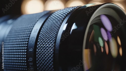 Close-up of a camera lens with bokeh lights in the background, showing intricate details and reflections.