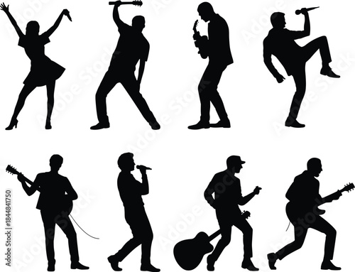Musician silhouette illustration, singers and instrumentalists icon, energetic live band performance design, black and white vector graphic