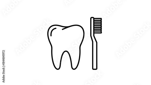 A simple illustration of a tooth and toothbrush in black outline silhouette