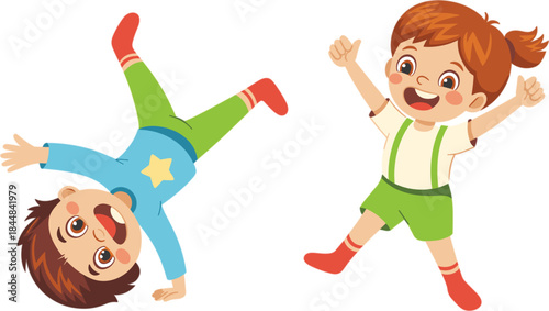 Cartoon children illustration, playful kids jumping and tumbling icon, joyful childhood activity design, colorful vector graphic