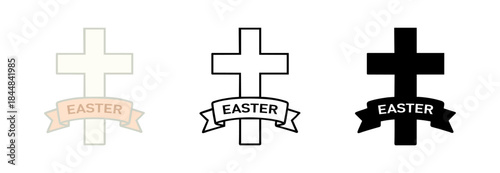 A set of three stylized Christian crosses with "EASTER" banners, presented in outline, colored outline, and solid black variations, perfect for religious holiday designs.