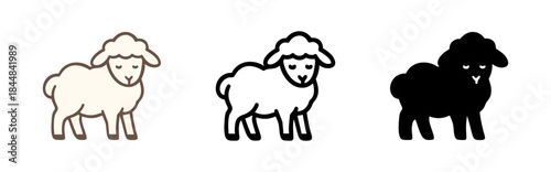 Cute sheep icon set featuring a colored outline, black outline, and solid black silhouette. Perfect for farm, animal, or children's designs.