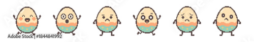 A charming set of pixel art Easter eggs displaying a range of emotions from joy and surprise to sadness and worry, in a cute retro style, perfect for spring.