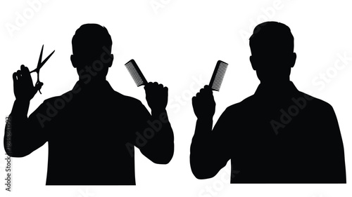 Two barbers with tools a striking black silhouette