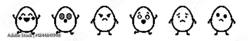 A pixel art collection of cute, simple egg characters expressing various emotions: happy, surprised, angry, scared, sad, and confused. Ideal for retro game design.