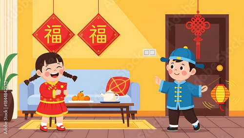 Happy Chinese New Year Kids Celebrating with Traditional Clothes and Festive Decorations