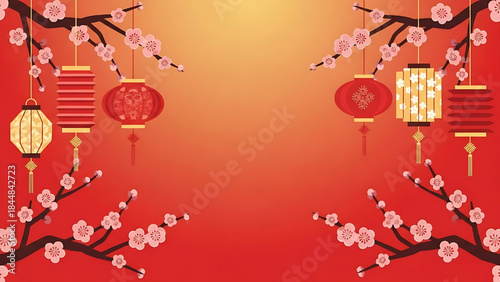 Chinese New Year Lantern Background with Plum Blossom Branches