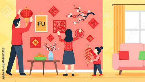 Happy Family Decorating Home for Chinese New Year Celebration