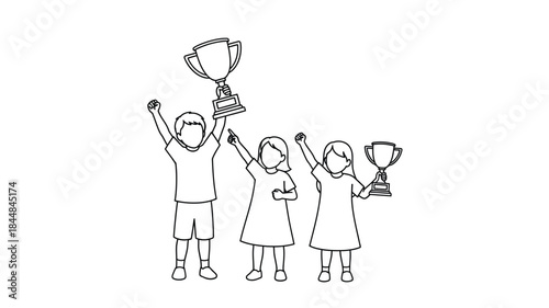 Celebrating victory with trophies raised high in a joyful linear silhouette