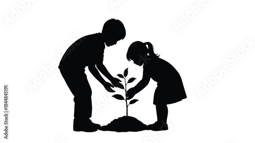 Children planting a small tree together a hopeful and natural scene silhouette