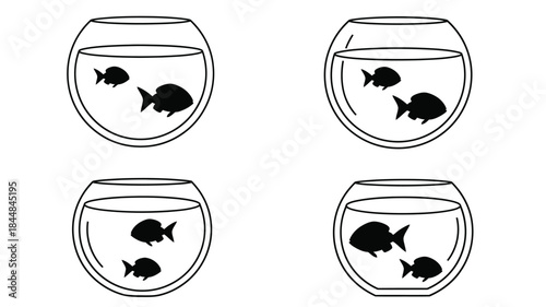 Four fishbowls with swimming fish a simple black and white silhouette