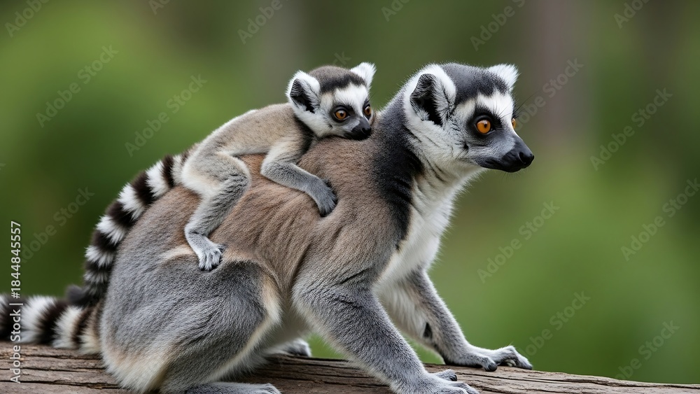 Fototapeta premium Ring-tailed lemur with baby on back in natural habitat.