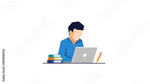 Young man focused on laptop with books and pencil on desk.