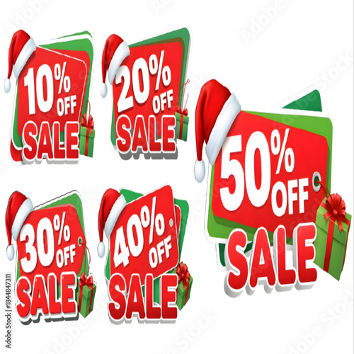 Christmas Sale Badges Up to 50% Off Santa Hat Gift Boxes Red Green Discount Labels Vector Illustration Holiday Promotion Tags SVG