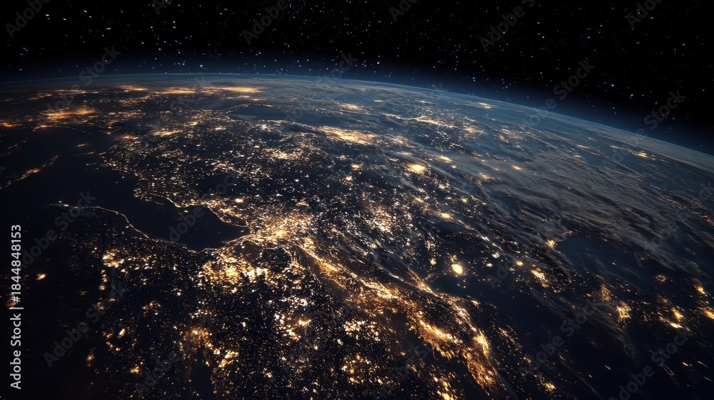 Obraz premium The night sky is filled with stars and the Earth is lit up with lights. Concept of wonder and awe at the vastness of the universe and the beauty of the night sky