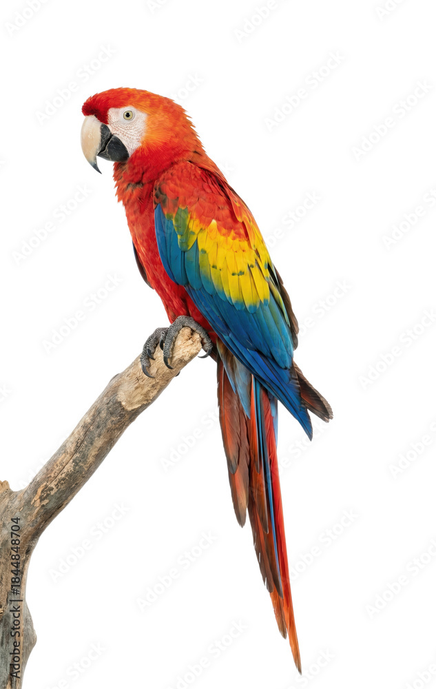 Fototapeta premium Vibrant Scarlet Macaw Ara Macao Parrot Perched on Rustic Branch, Striking Red-Blue-Yellow Feathers, Isolated on Transparent and White Background 