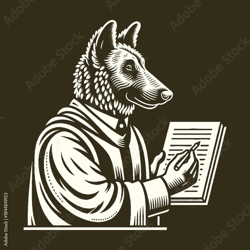 Intelligent canine scholar meticulously reviewing documents with pen.