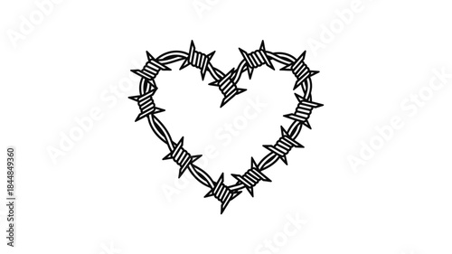 A barbed wire heart shape illustration in a stark black and white silhouette