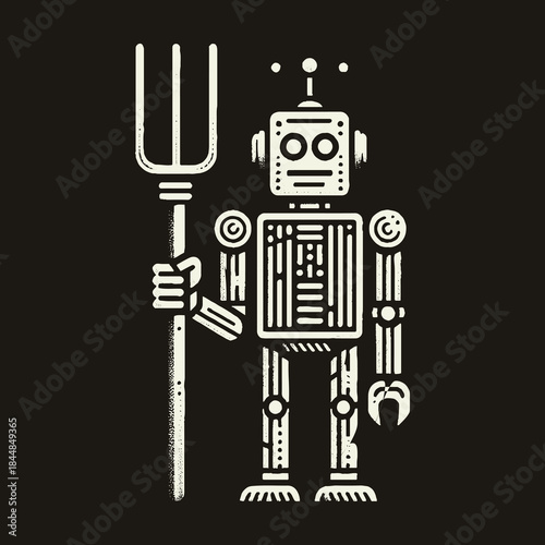 Robot holding a pitchfork on a dark background.