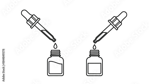 Simple line art depiction of dropper bottles and drops a black silhouette