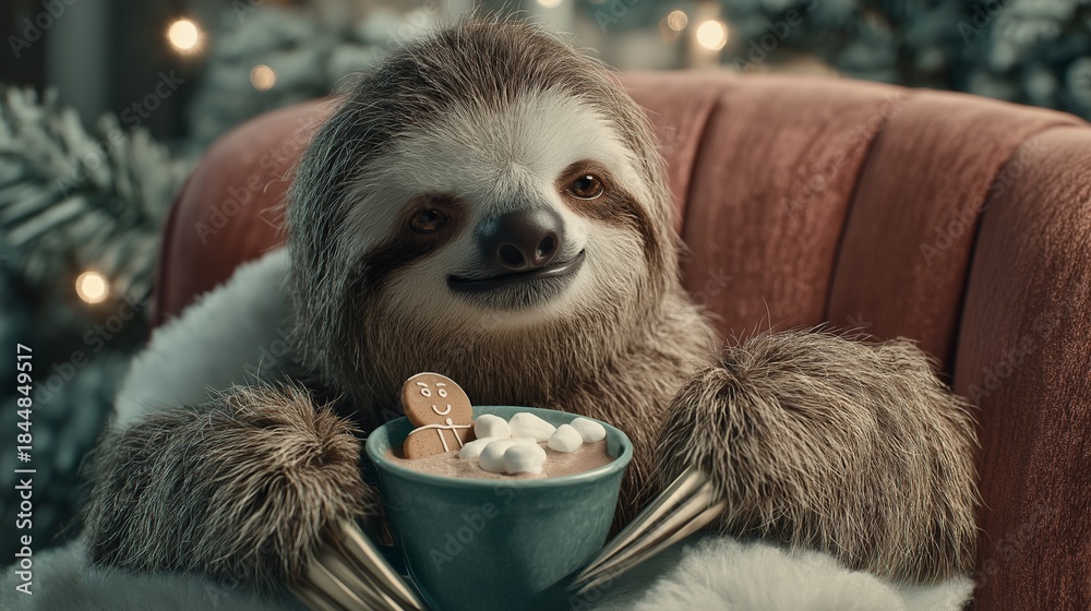 Obraz premium Sloth with hot chocolate used for holiday merchandising, character branding, gift industry advertising and seasonal product campaigns. Image supports festive retail promotions, food catalogs, packagin