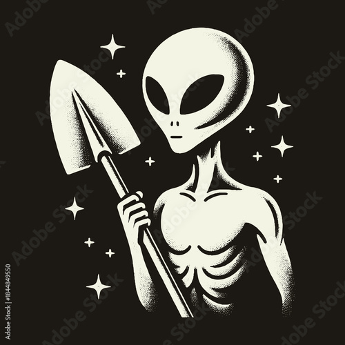 Alien with Shovel and Stars on Black Background.