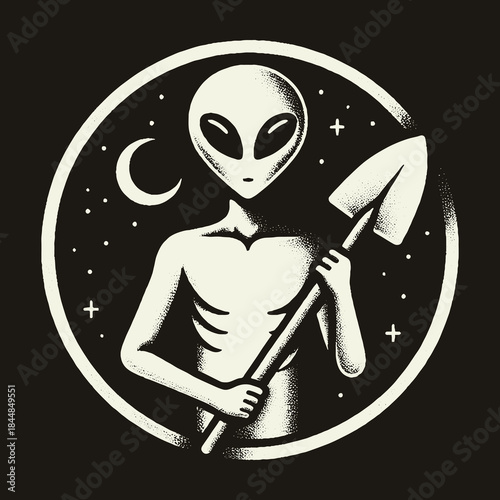Alien with Shovel Under the Night Sky.